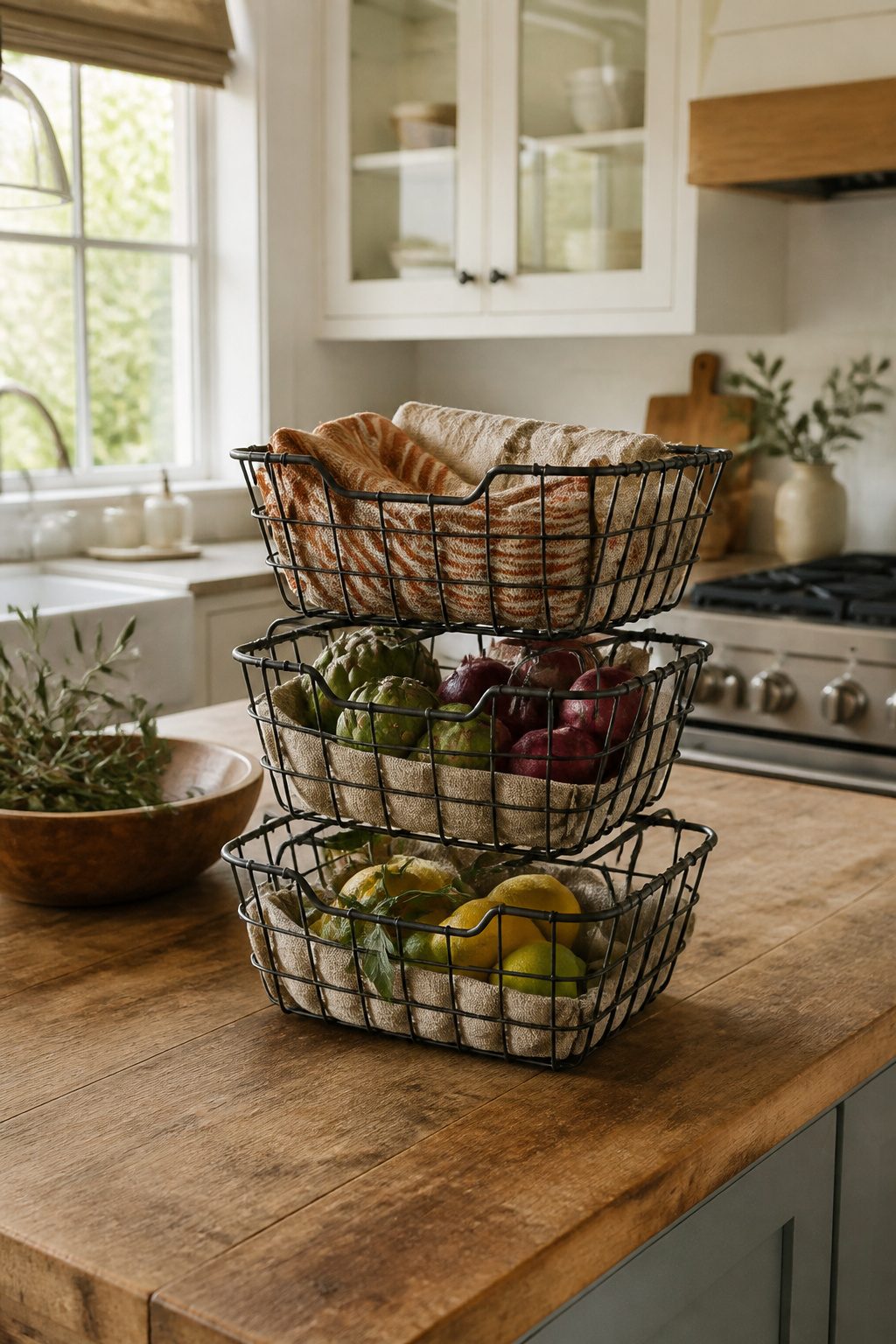 Wire baskets stacked on a kitchen countertop holding produce and towels.