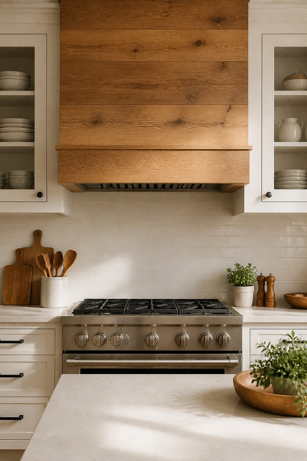 A stained wood range hood above a kitchen stove.