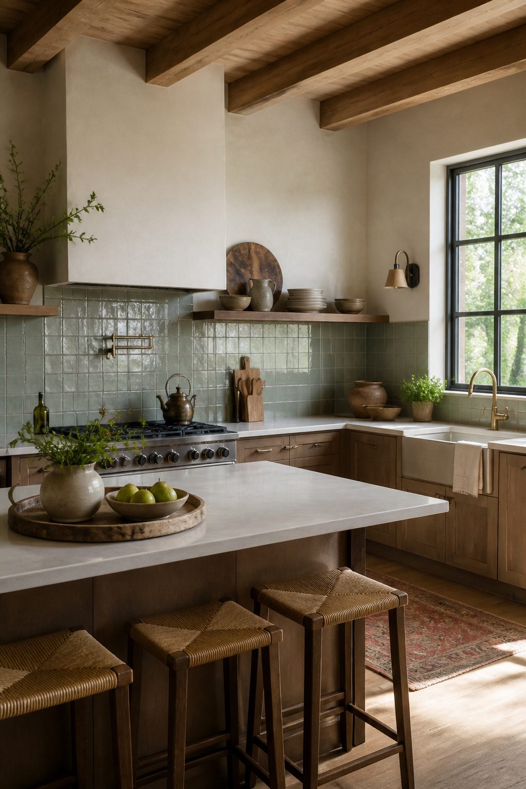 A kitchen with hand-glazed tiles and limewashed walls.