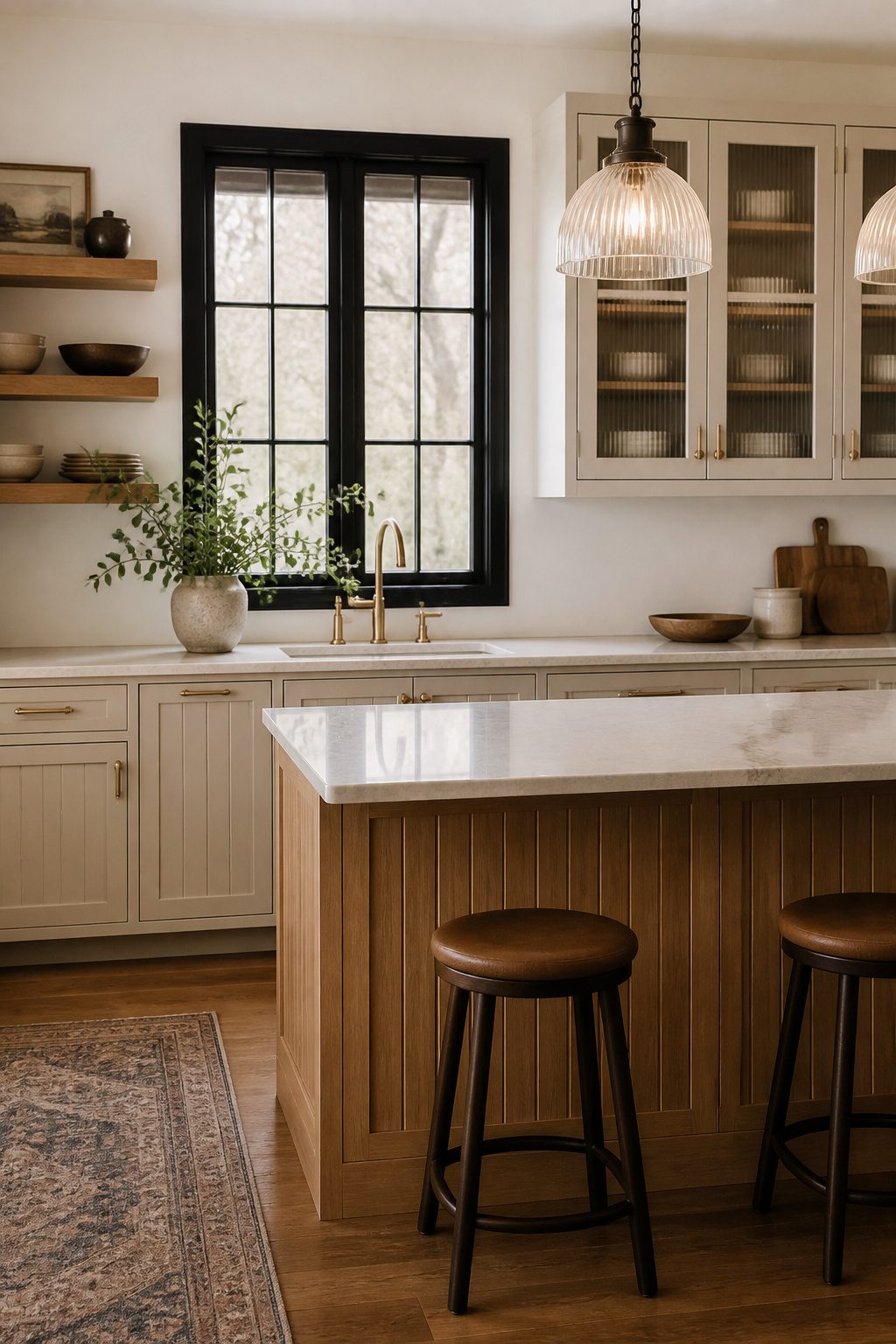 A kitchen featuring Shaker-style cabinets and black window frames.