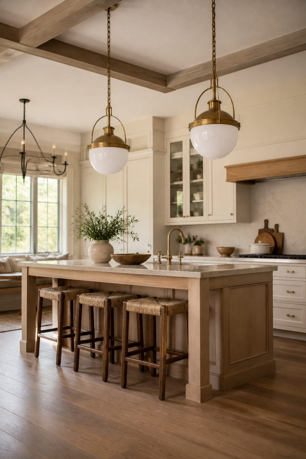 A kitchen with oversized pendant lights and a wrought-iron chandelier.