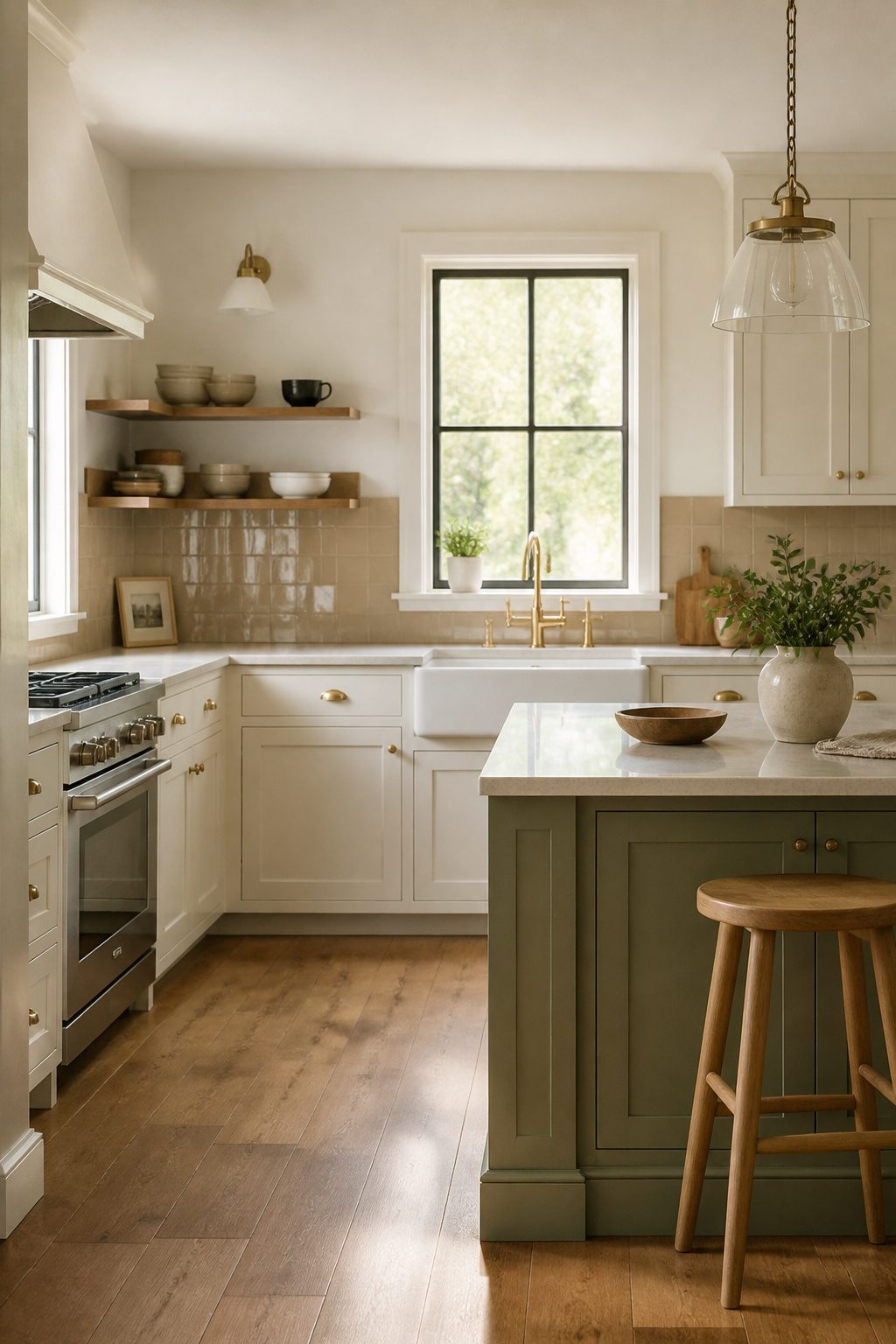 A kitchen with warm white cabinets and a muted earth-tone backsplash.