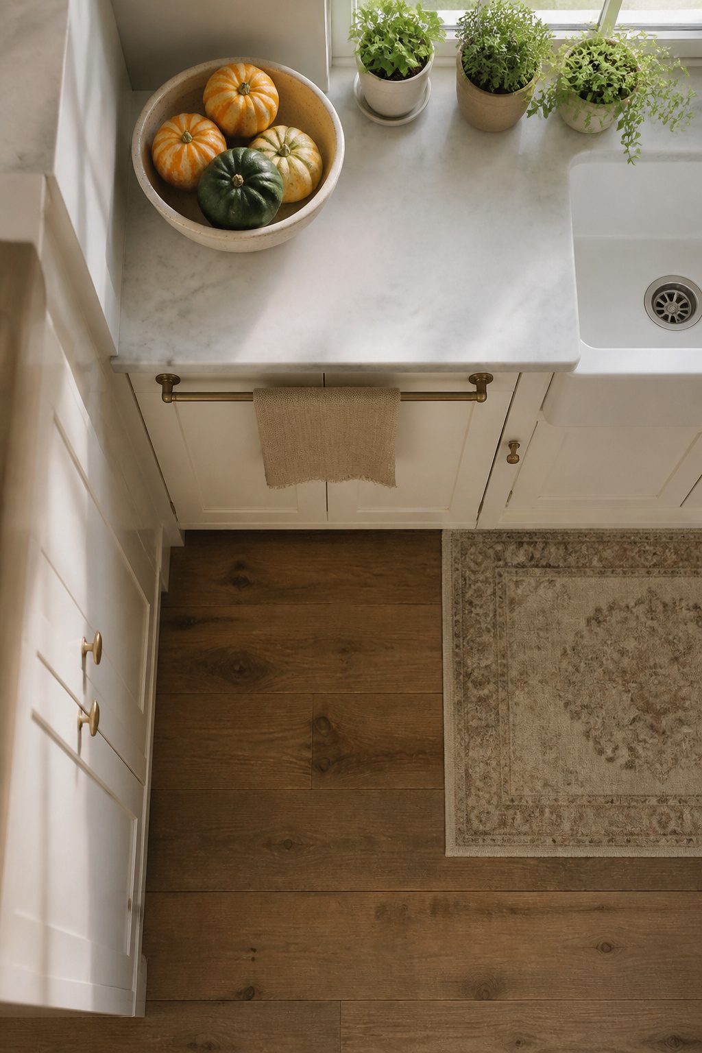 A kitchen countertop with seasonal decor and linen towels.