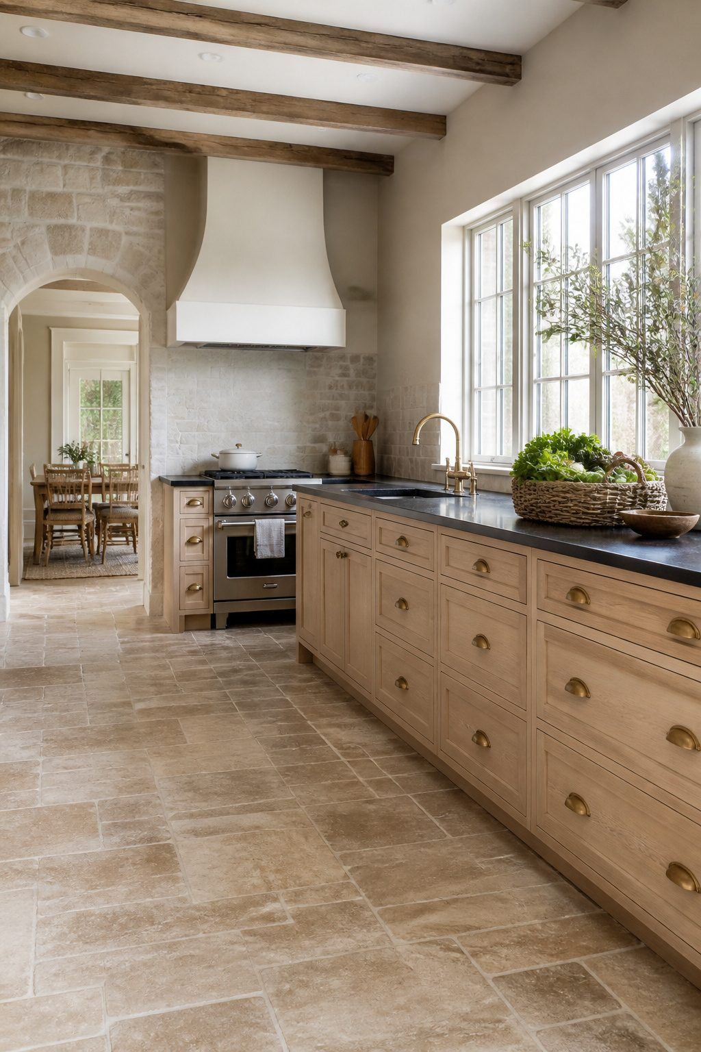 A kitchen with maple butcher block surfaces and soapstone countertops.