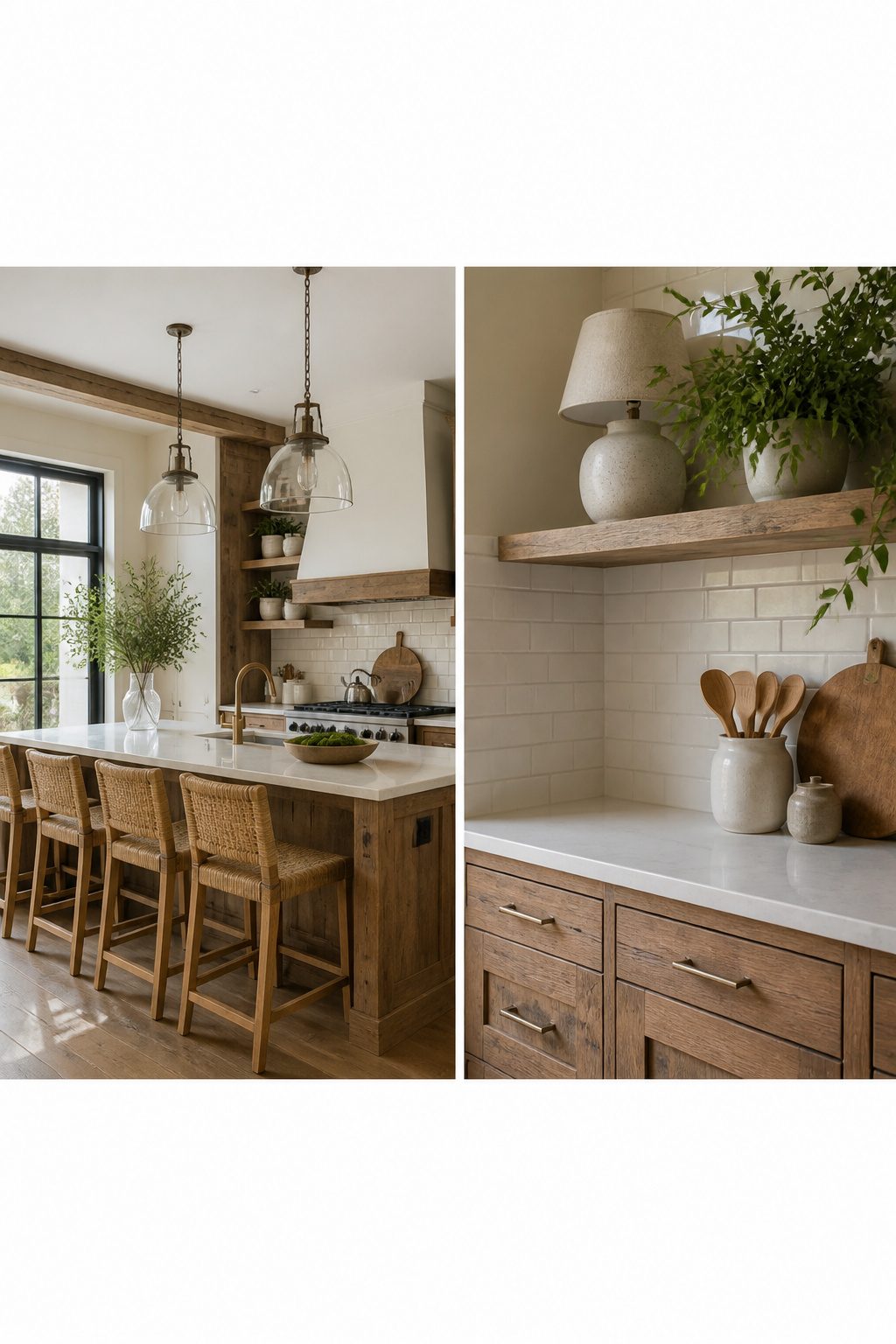A kitchen showcasing rough wood cabinets and a smooth quartz countertop.