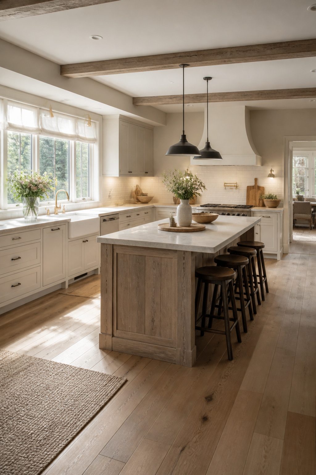 A kitchen with large windows and a reflective backsplash.