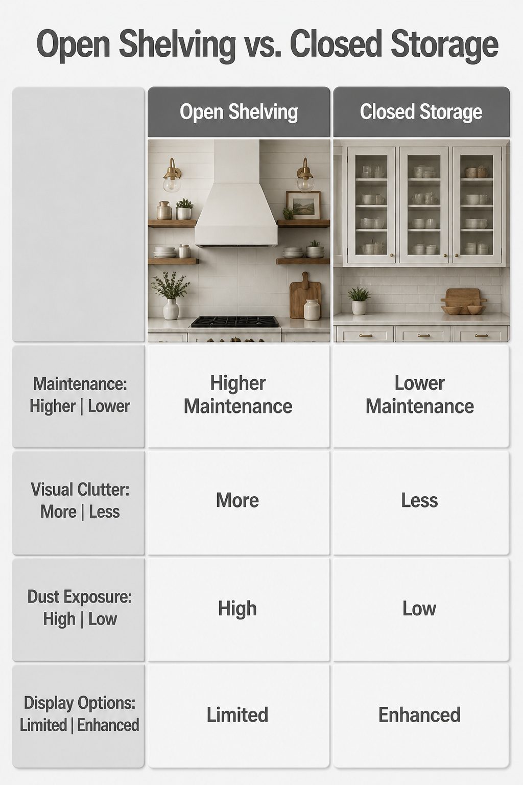 A kitchen with open shelving beside the range hood.