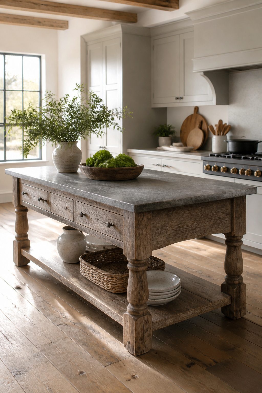 A kitchen with a reclaimed wood island and stone countertop.