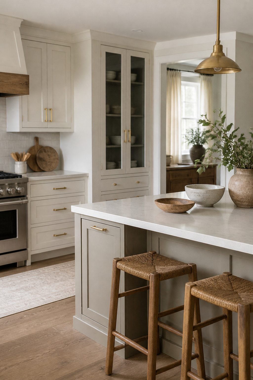 A kitchen featuring soft gray cabinets and satin brass hardware.