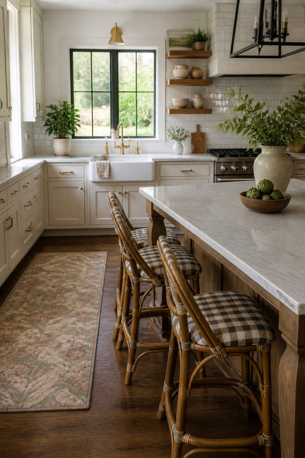 A kitchen with gingham patterns on chair cushions and rustic wood.