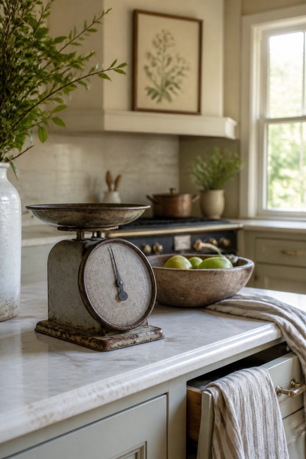 A kitchen featuring vintage decor items like a cast-iron scale.