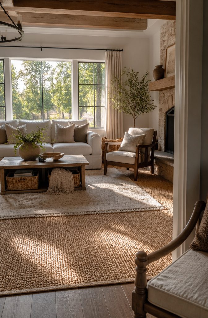 Living room with woven rugs, seagrass baskets, and a broad window