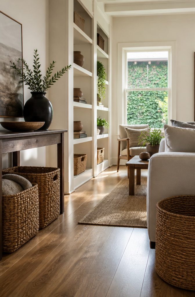 Seagrass baskets beside a sofa and open shelves with books and plants