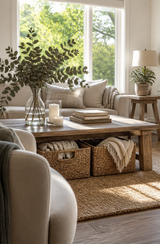 Coffee table with eucalyptus in glass vase candles and old books