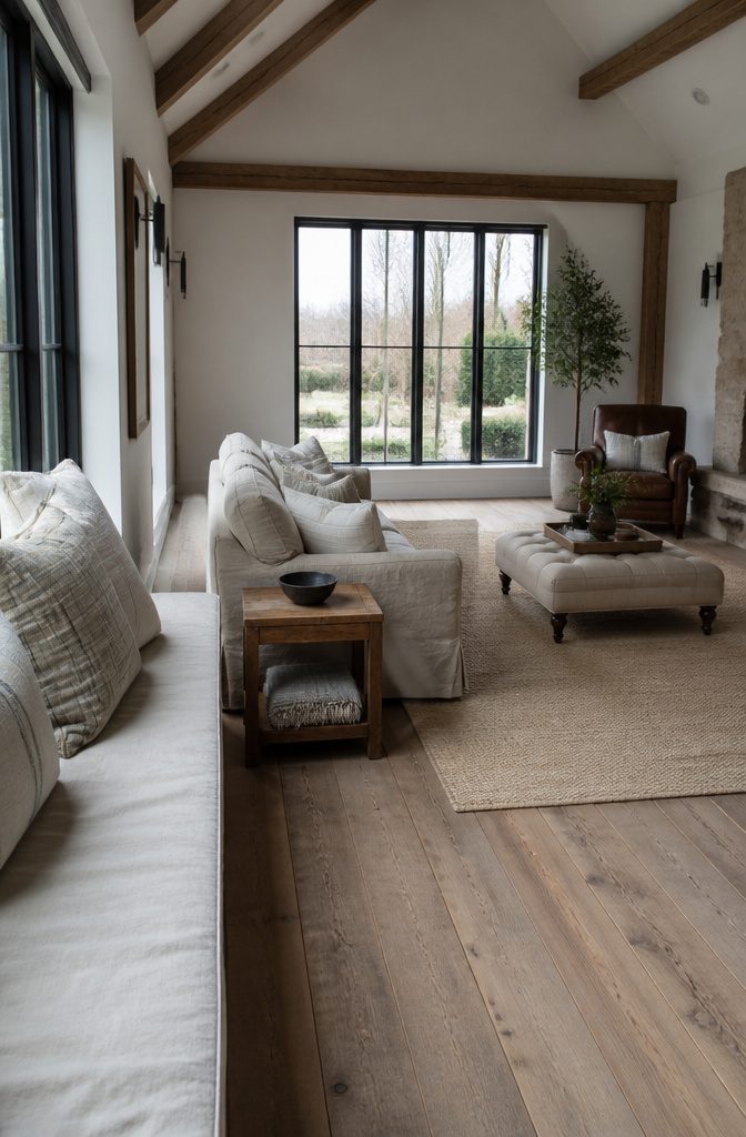 Oatmeal slipcovered sofa in a comfortable farmhouse living room
