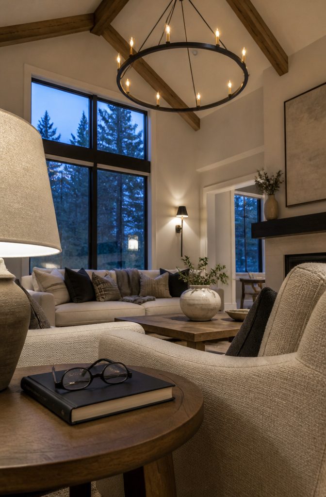 Round iron chandelier hanging beneath a high living room ceiling