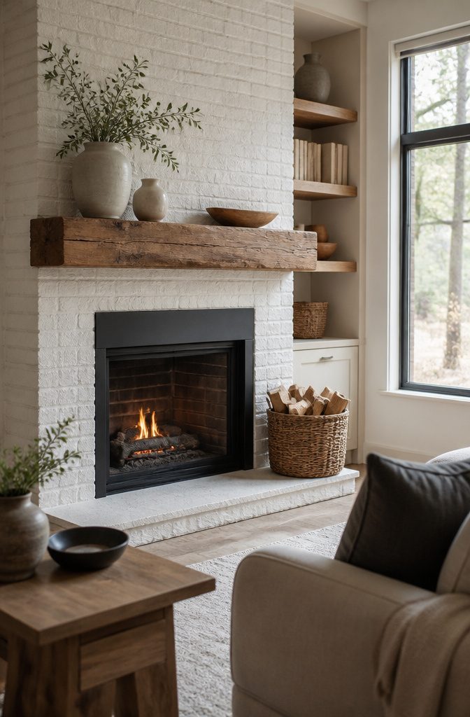 Stone fireplace with a thick wood mantel in a farmhouse living room