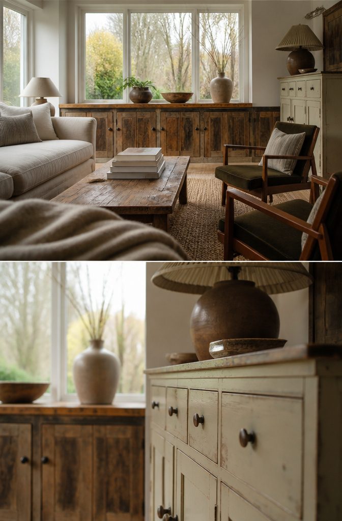 Clean-lined sofa beside a distressed coffee table stacked with old books