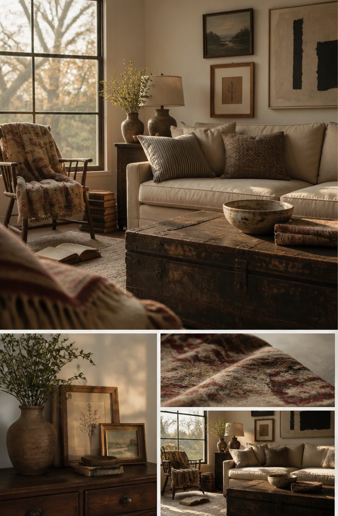 Living room shelves and surfaces with vintage blankets books and family photos