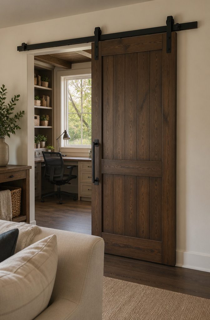 Wood barn door on a black metal track beside a living room