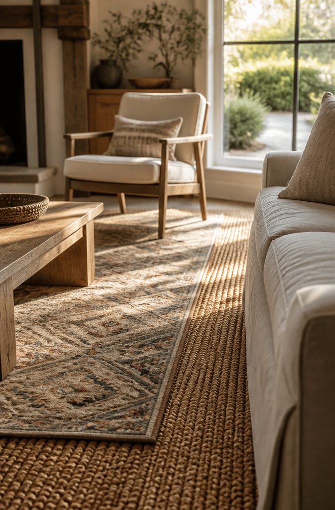 Patterned rug layered over a jute rug beneath living room seating