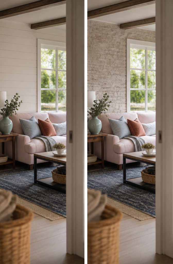 Neutral living room with blue pillows and a pale pink wall