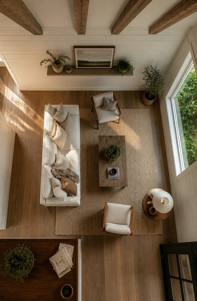 Living room with white shiplap walls and exposed wood ceiling beams