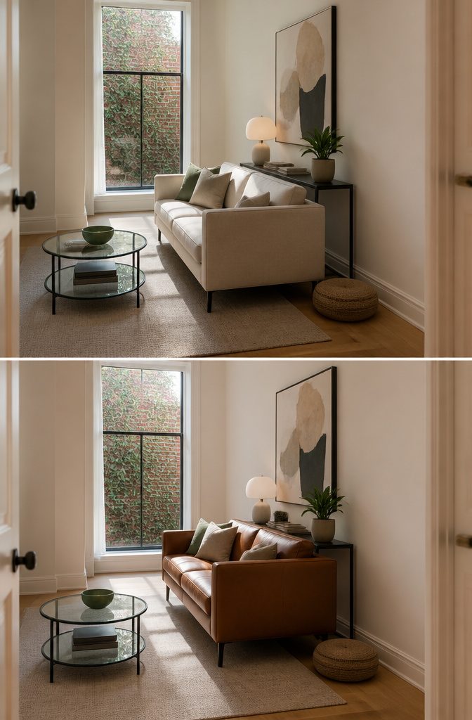 Small living room with compact sofa raised legs and round glass coffee table