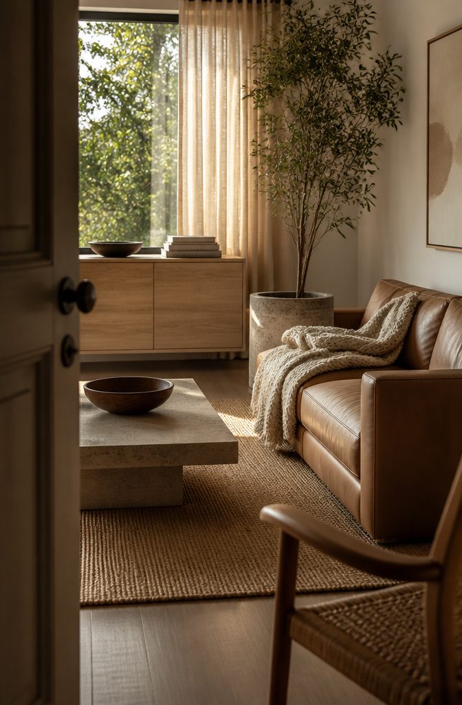 Living room with white oak credenza leather sofa wool throw and jute rug