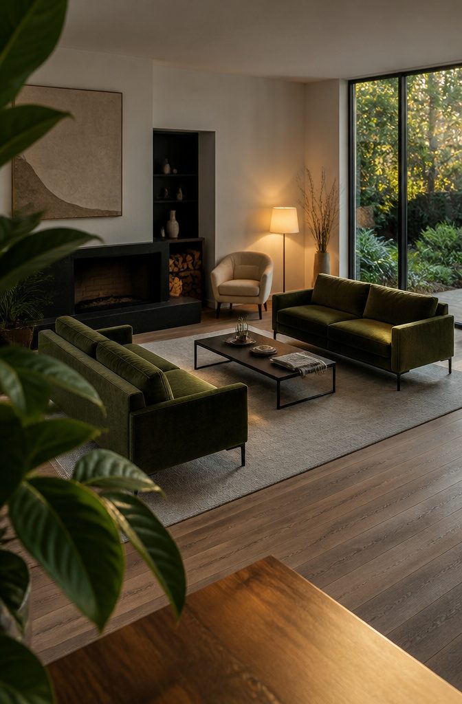 Two rust velvet loveseats facing each other across a coffee table