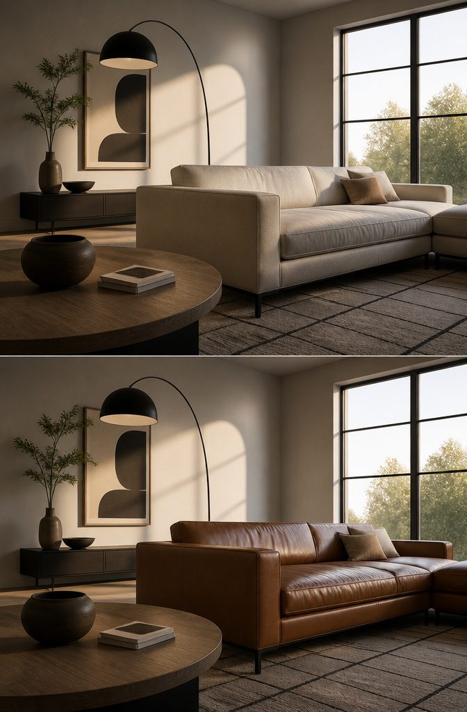 Living room with straight-edged sofa round side tables and curved floor lamp