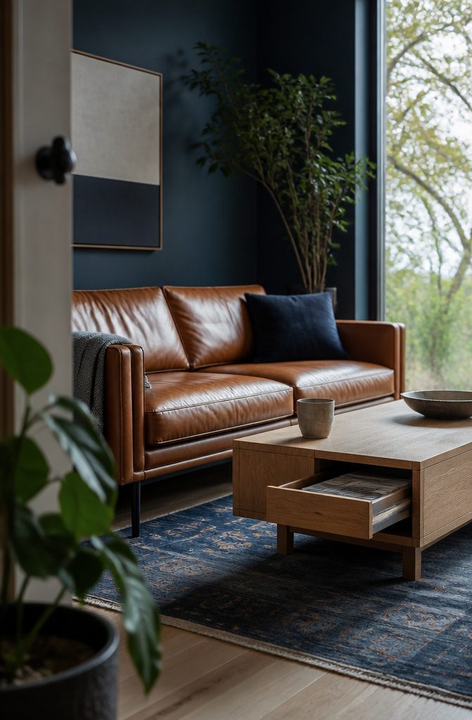 Living room with a simple sofa and solid oak coffee table
