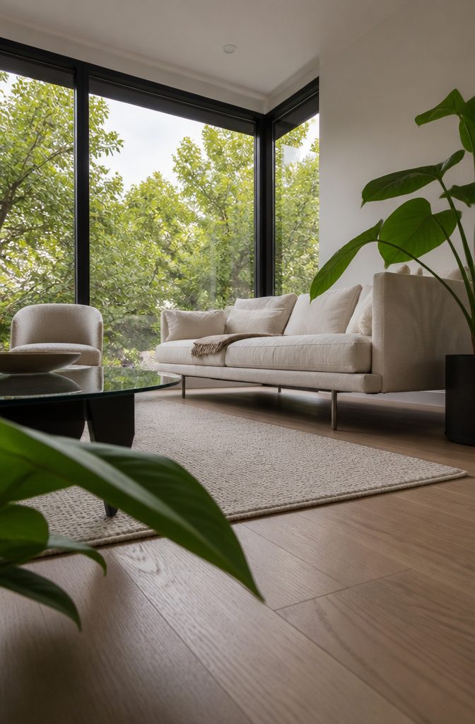 Low sofa on visible legs beside a glass coffee table and armless chair