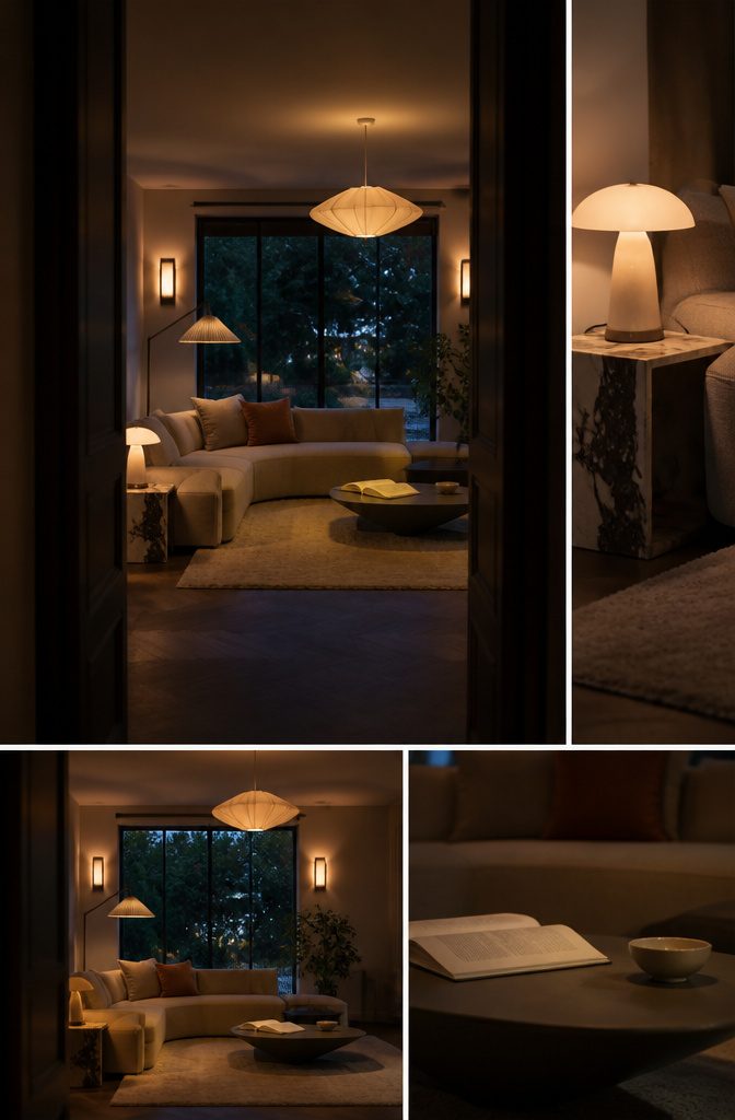 Living room with a reading lamp table lamp and wall sconces