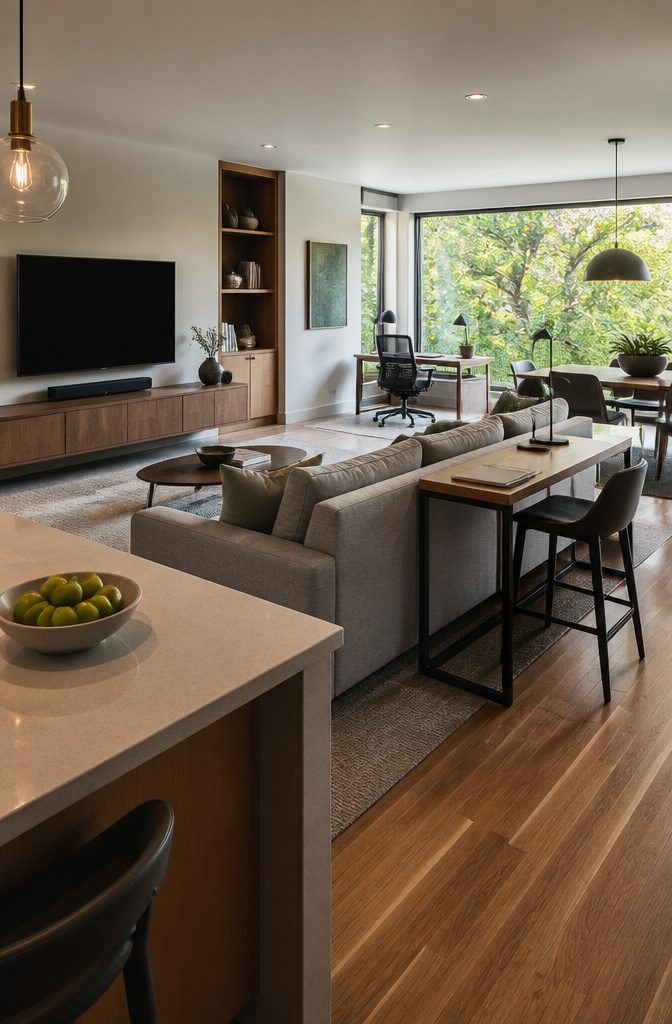 Open-plan living room with L-shaped sofa television console and window desk