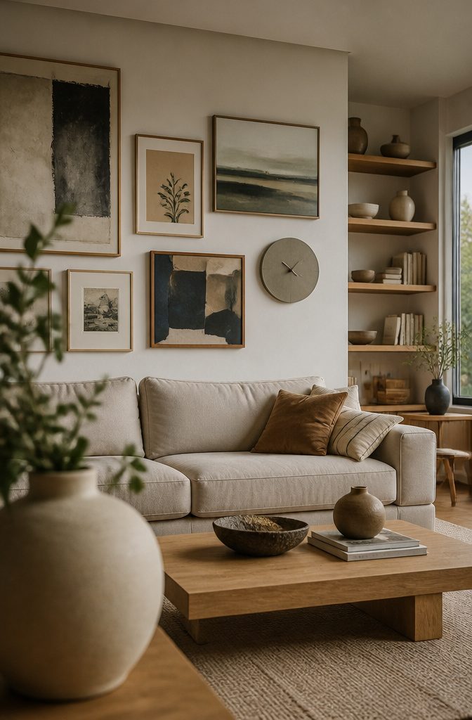 Living room with framed artwork above a sofa and objects on shelves