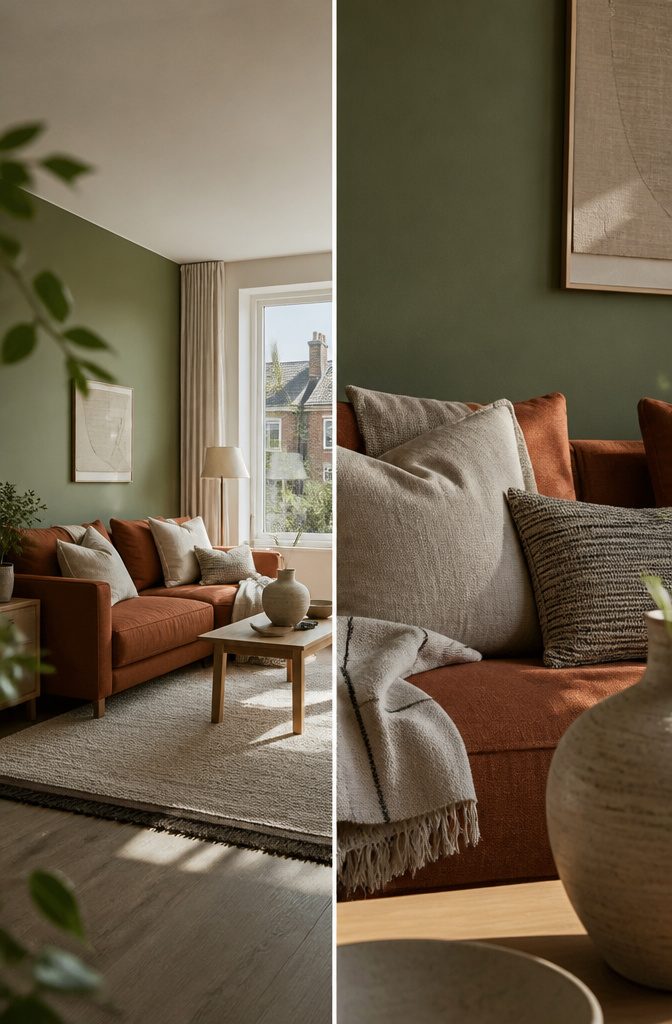 Living room with pale walls and one bold color-blocked wall