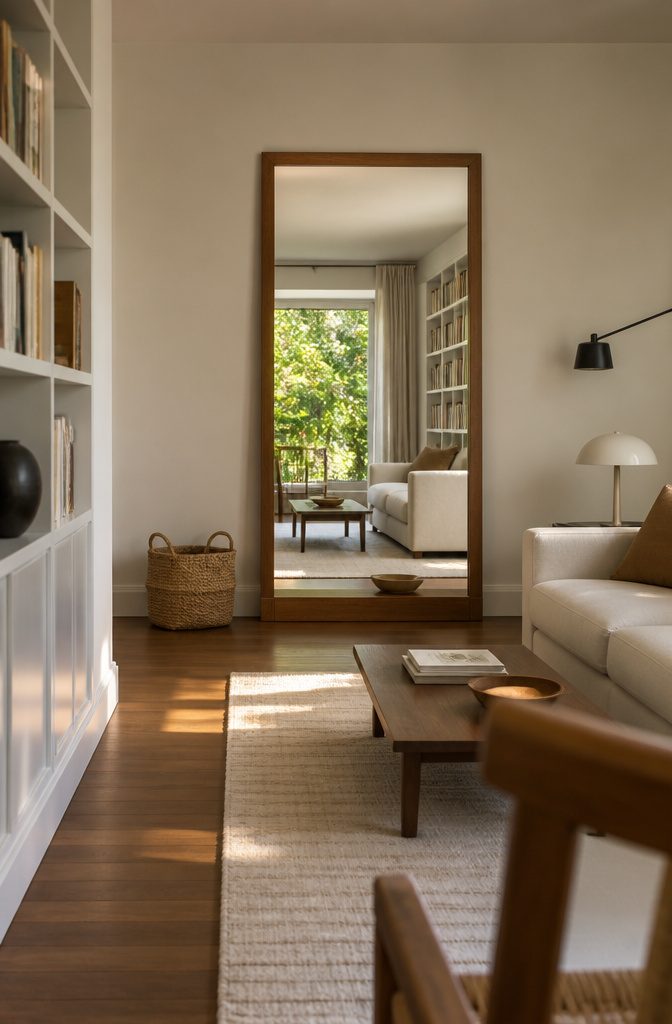 Tall living room mirror reflecting a nearby window and daylight