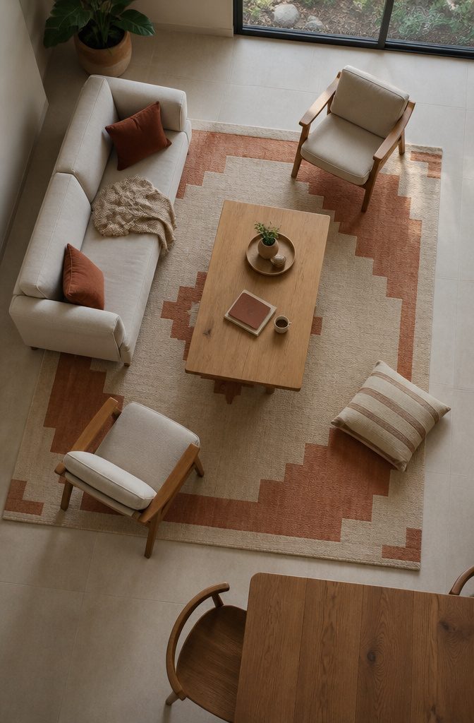 Living room seating grouped on a large rug over hard flooring