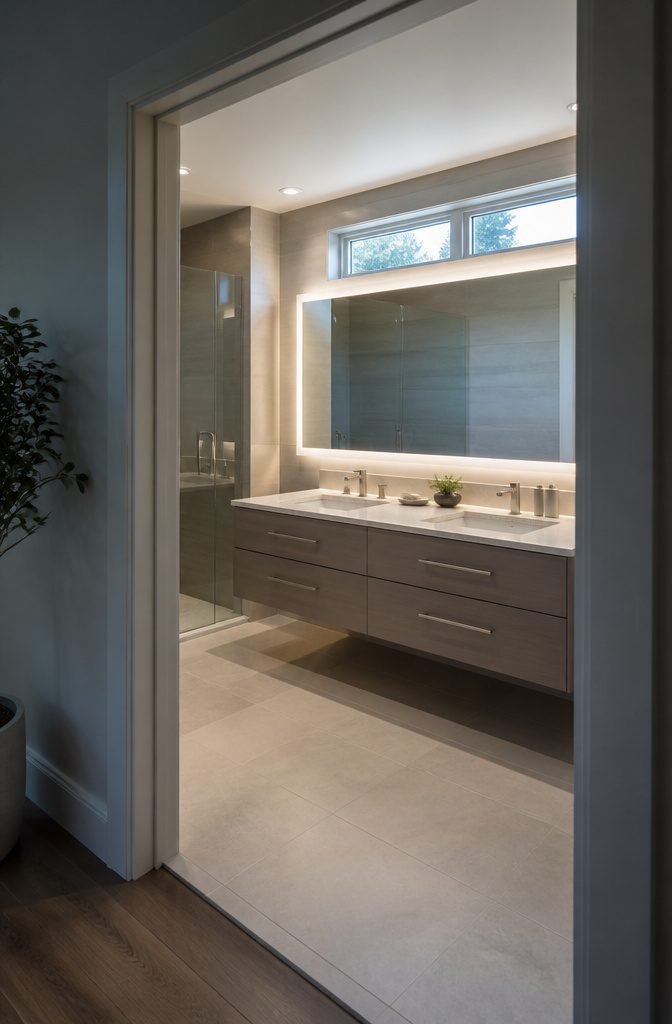 Wall-mounted vanity beneath a glowing mirror with concealed storage
