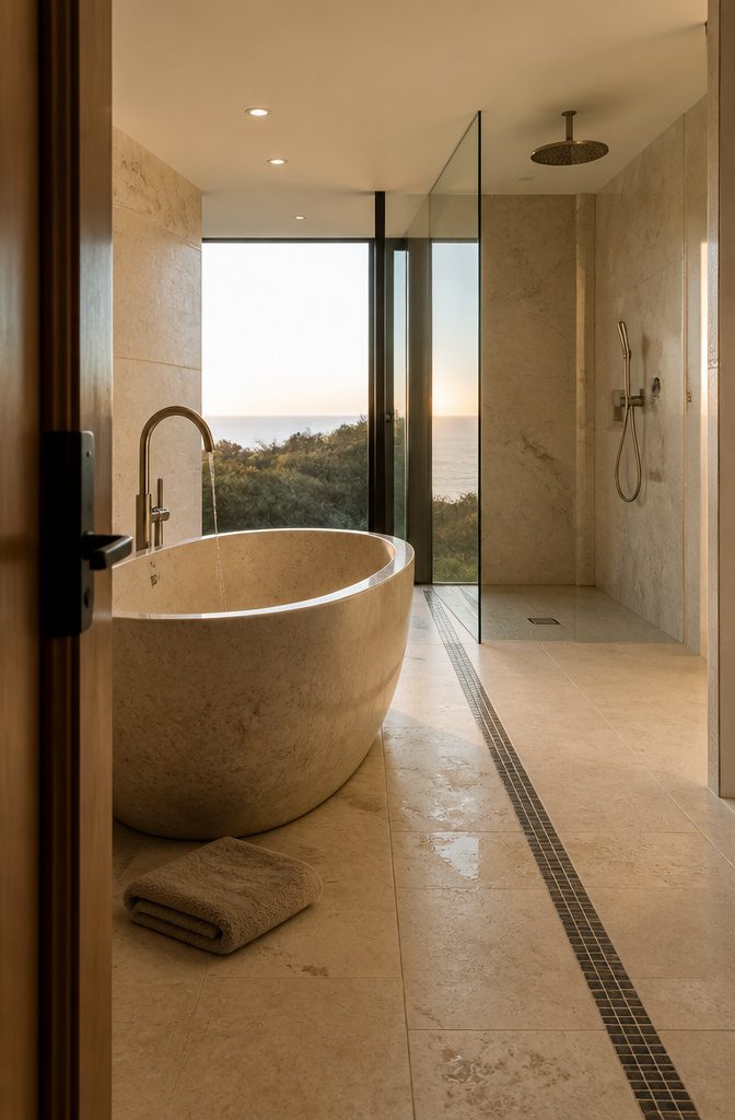 Freestanding bathtub beside a walk-in shower in a tiled bathroom