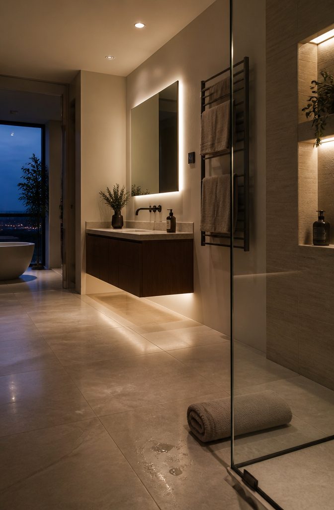Recessed lights and backlit mirror above a vanity with LED strip