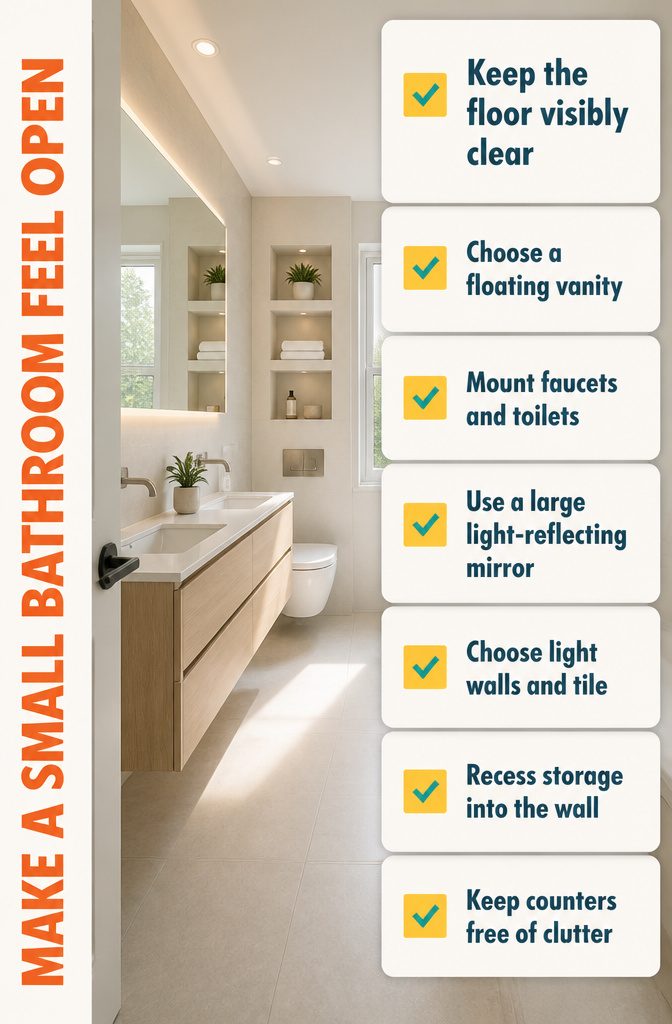 Small bathroom with floating vanity, wall-mounted fixtures and large mirror