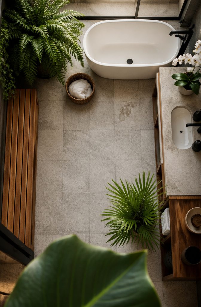 Bathroom ferns beside stone counters and wood shelving
