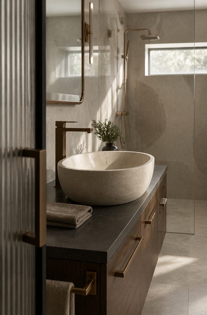 Carved stone vessel sink with a brushed metal faucet