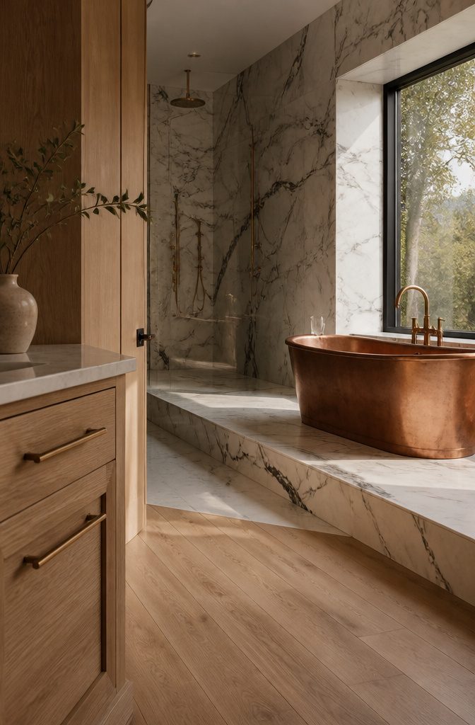 Copper bathtub against dark-veined marble with bronze fixtures and oak flooring