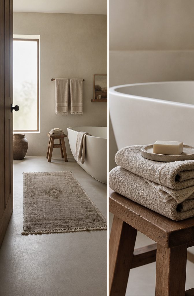 Folded towels on a teak stool beside a low-pile rug