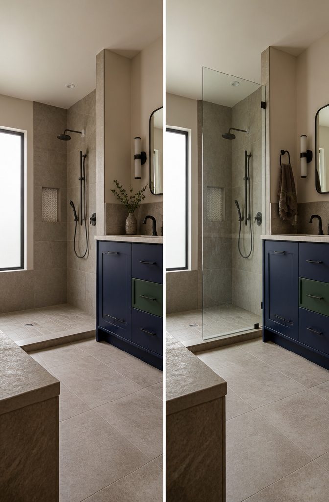Cream and warm gray bathroom with matte black hardware and patterned tile
