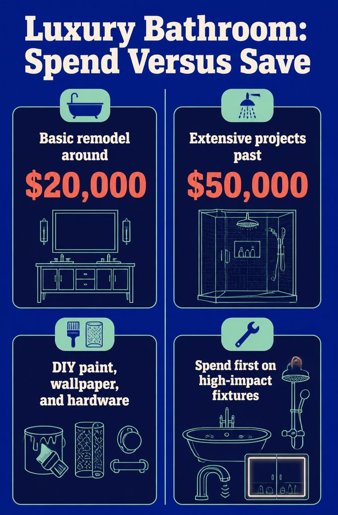 Luxury bathroom budget graphic comparing spending and savings