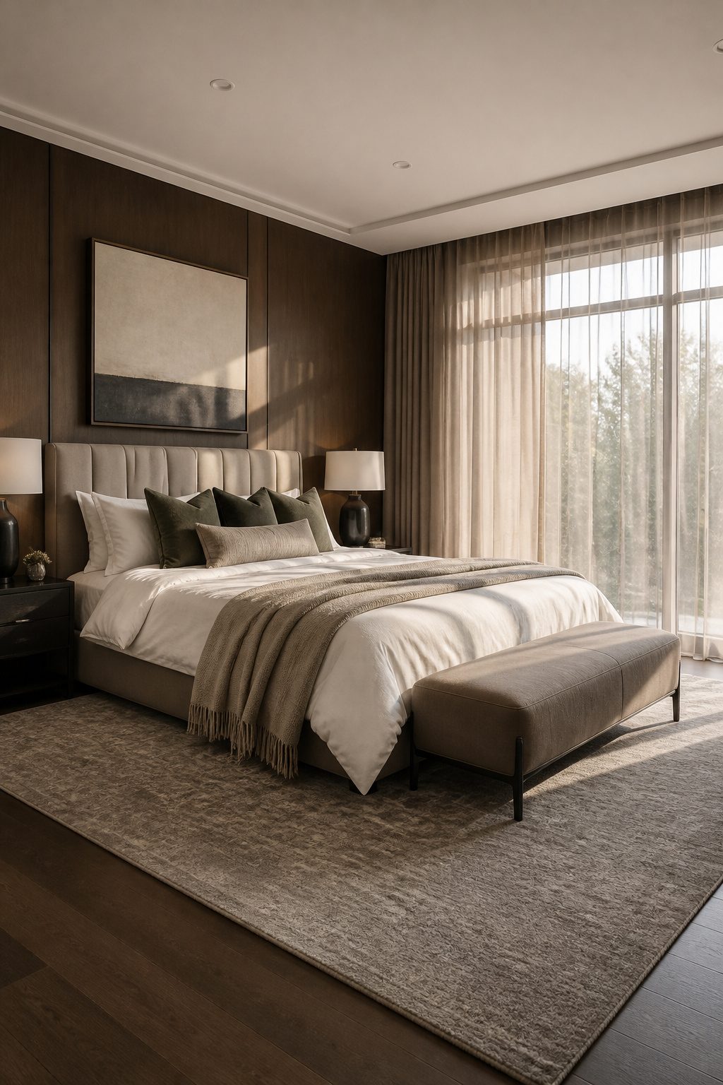 A luxurious rug placed under a bed with velvet cushions around it.